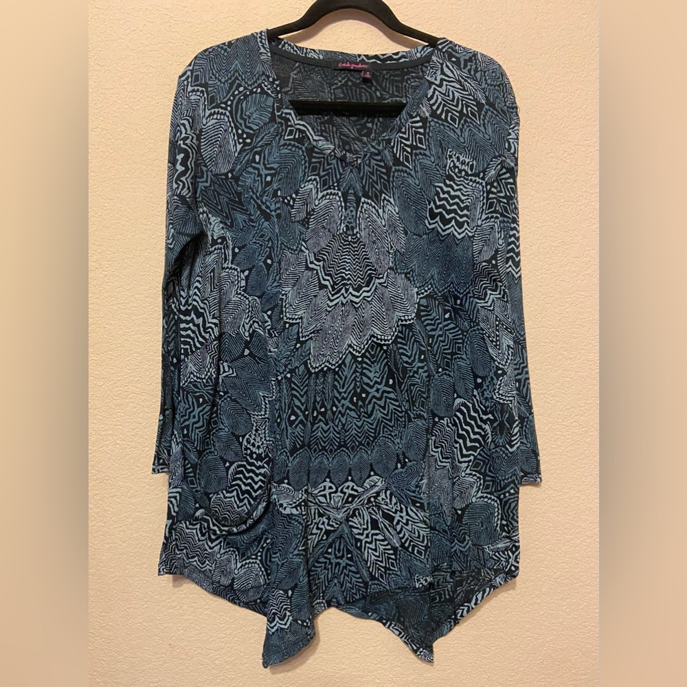 Fresh Produce Shirt Women's Blue geometric 3/4 Sleeve Tunic Shirt Sz M cotton